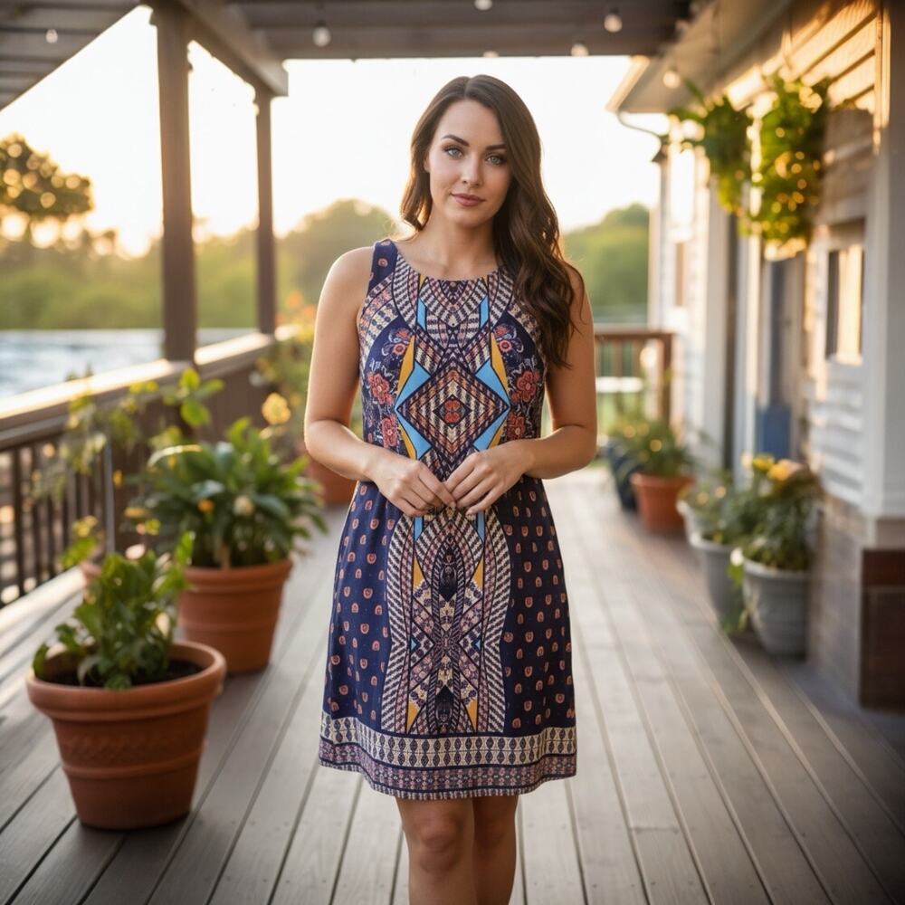A. Byer Women's Geometric Boho Navy Tunic Top Knee Length Shift Dress Medium